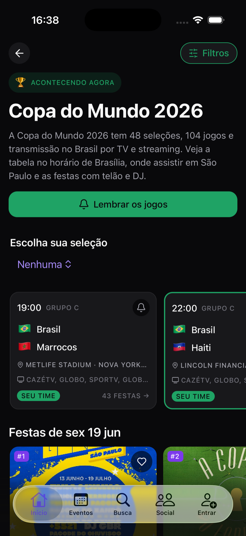 Seção da Copa 2026 no app FESTAS com os jogos e eventos relacionados