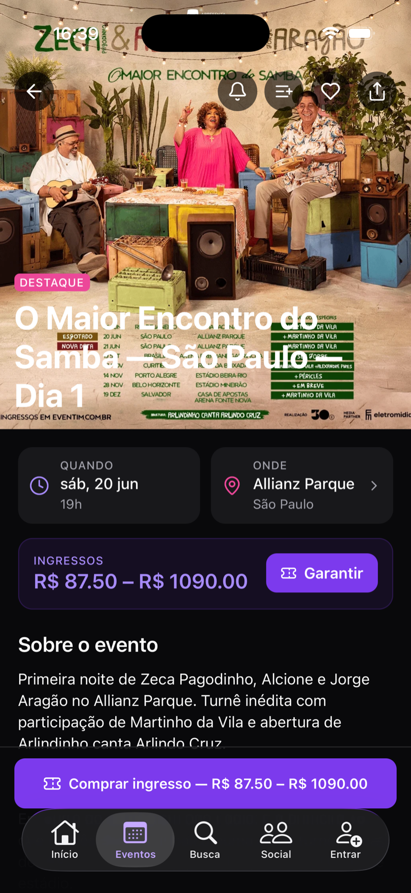 Página de evento no app FESTAS com data, local e acesso ao ingresso