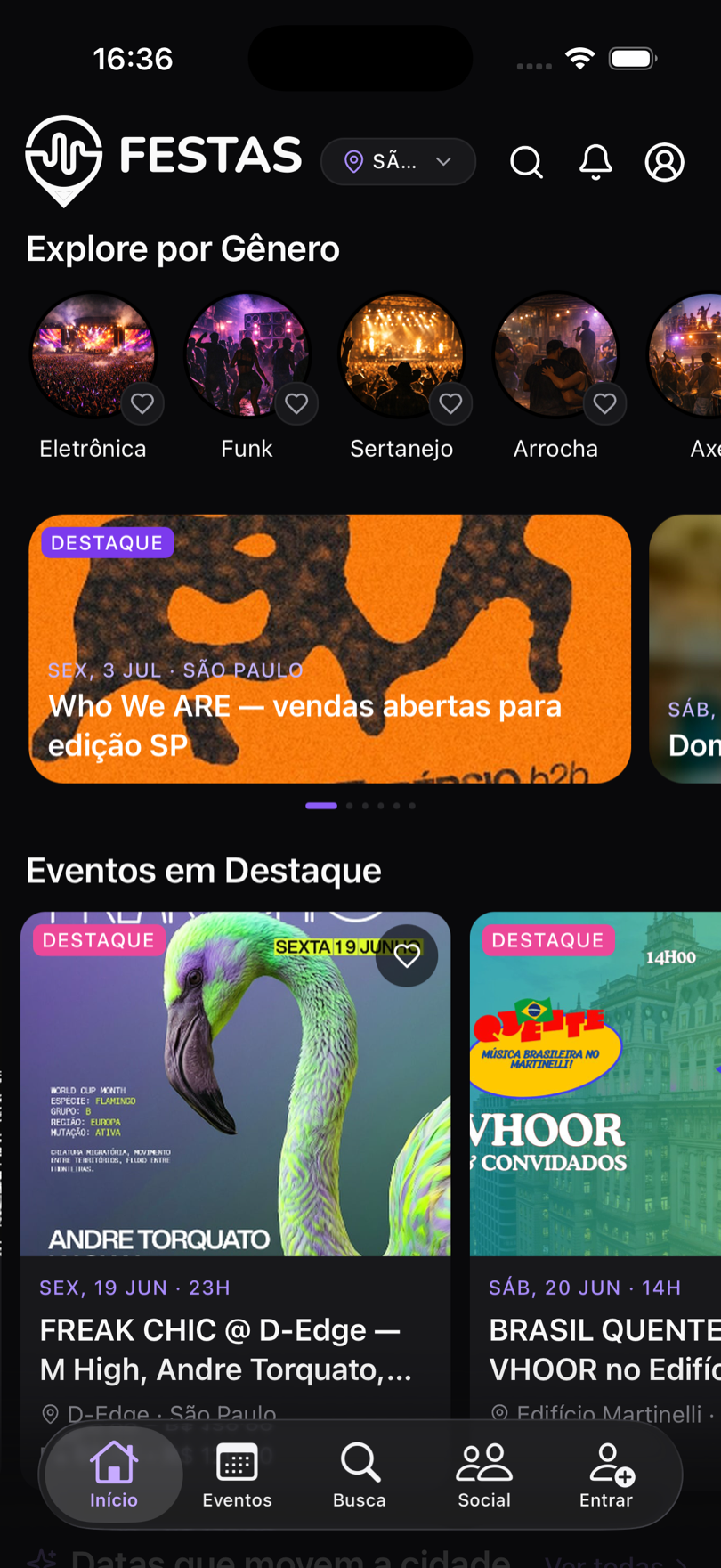 Tela inicial do app FESTAS com eventos organizados por gênero musical