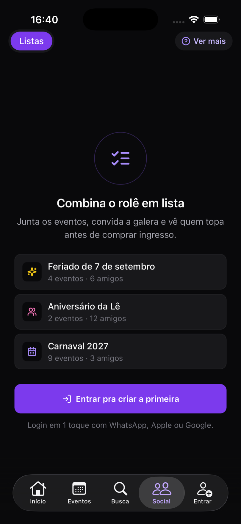 Listas de eventos no app FESTAS para decidir o rolê em grupo