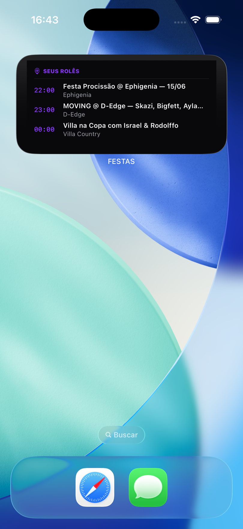 Widget de tela de bloqueio do FESTAS exibindo os próximos eventos