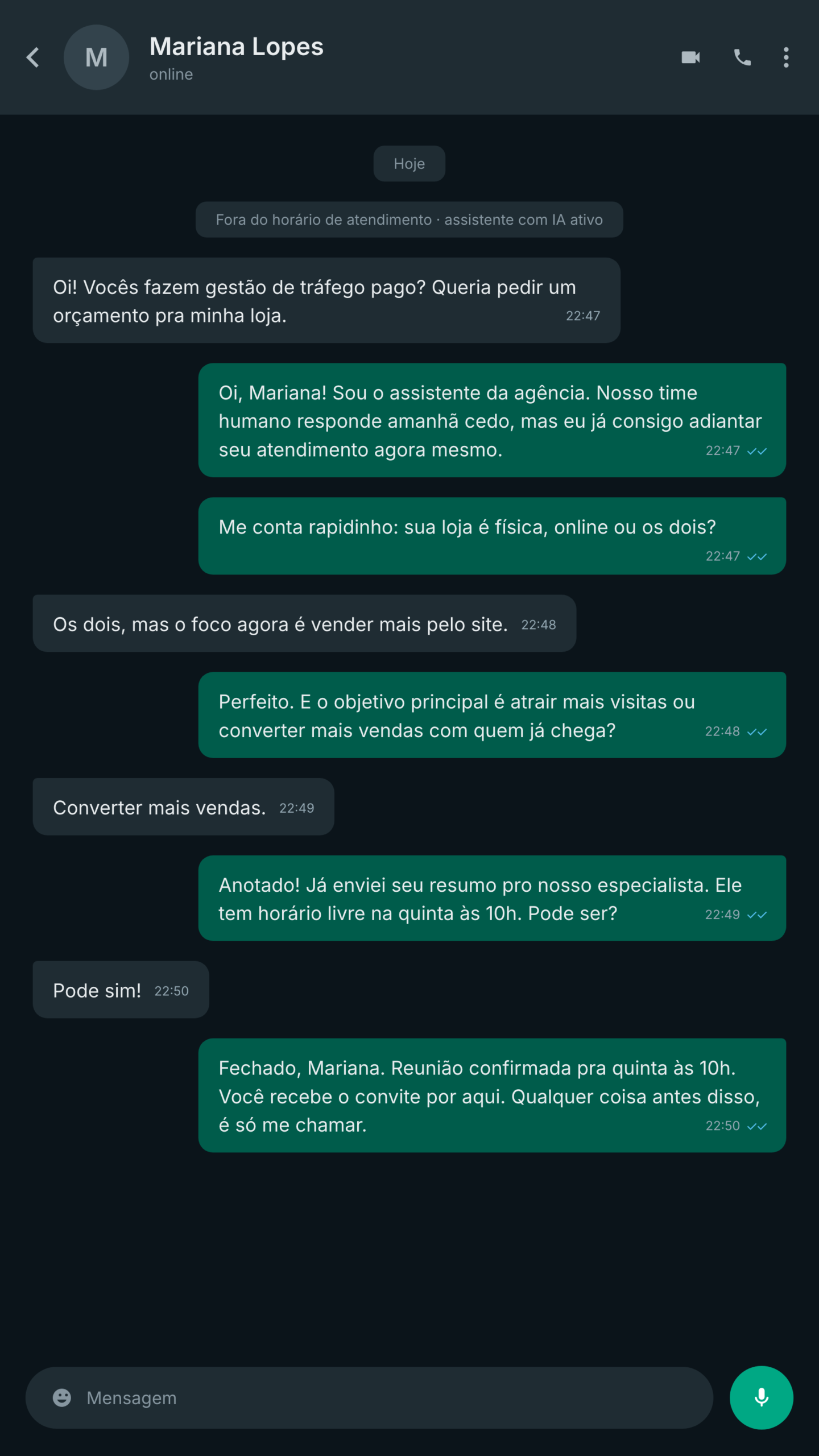 Real intake and qualification conversation handled by the AI agent on WhatsApp
